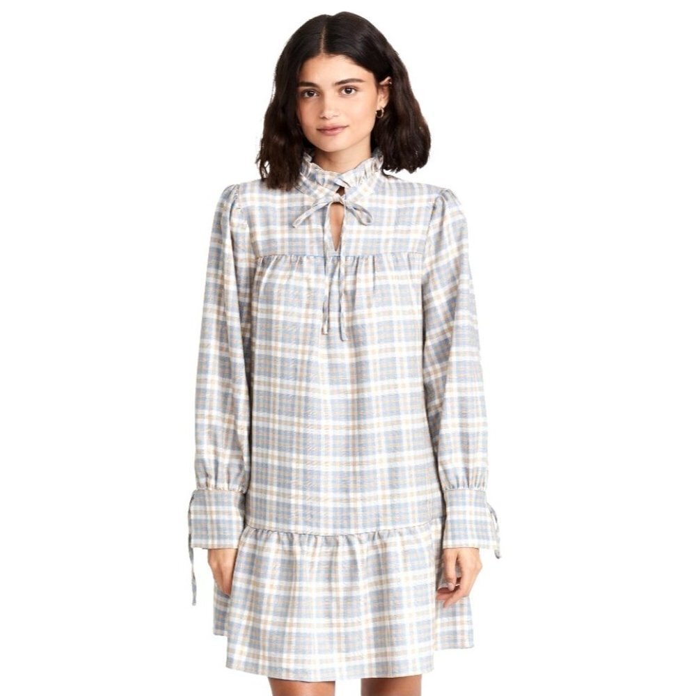 Glamorous Asos Blue Tan And Ivory Plaid Ruffled Tie Neck Mini Dress Size S